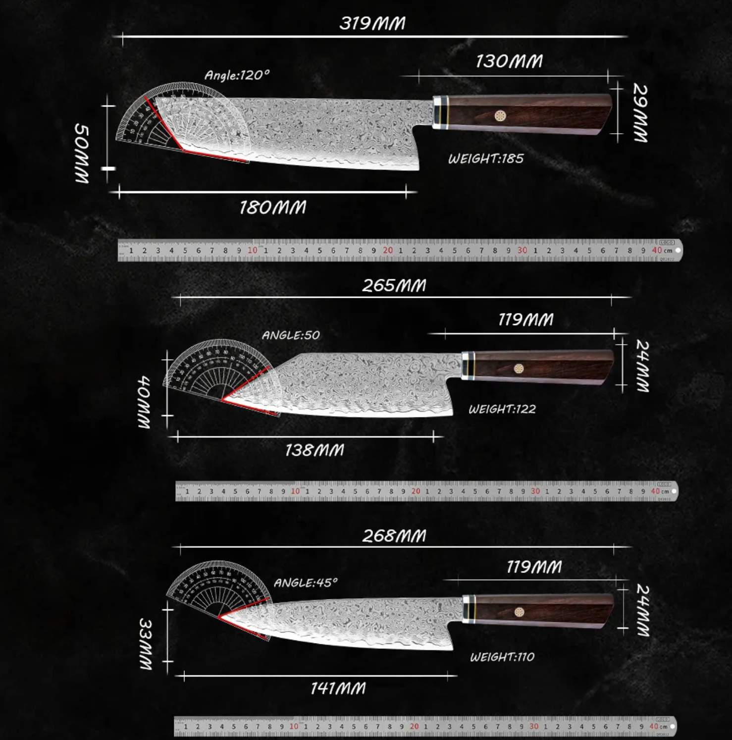 Tetsujin set of 6 Damascus kitchen knives