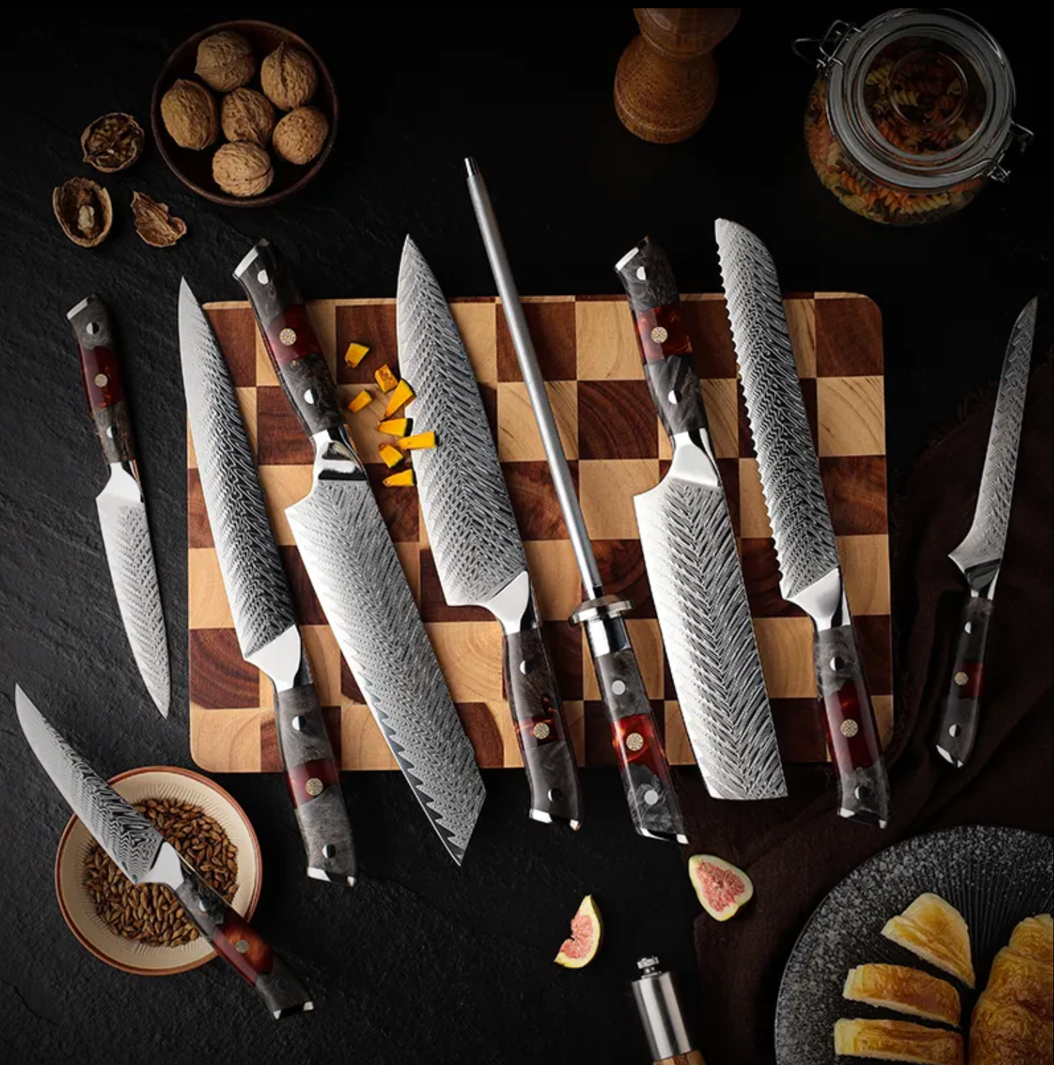 Kurogane Damascus kitchen knives set of 8 knives