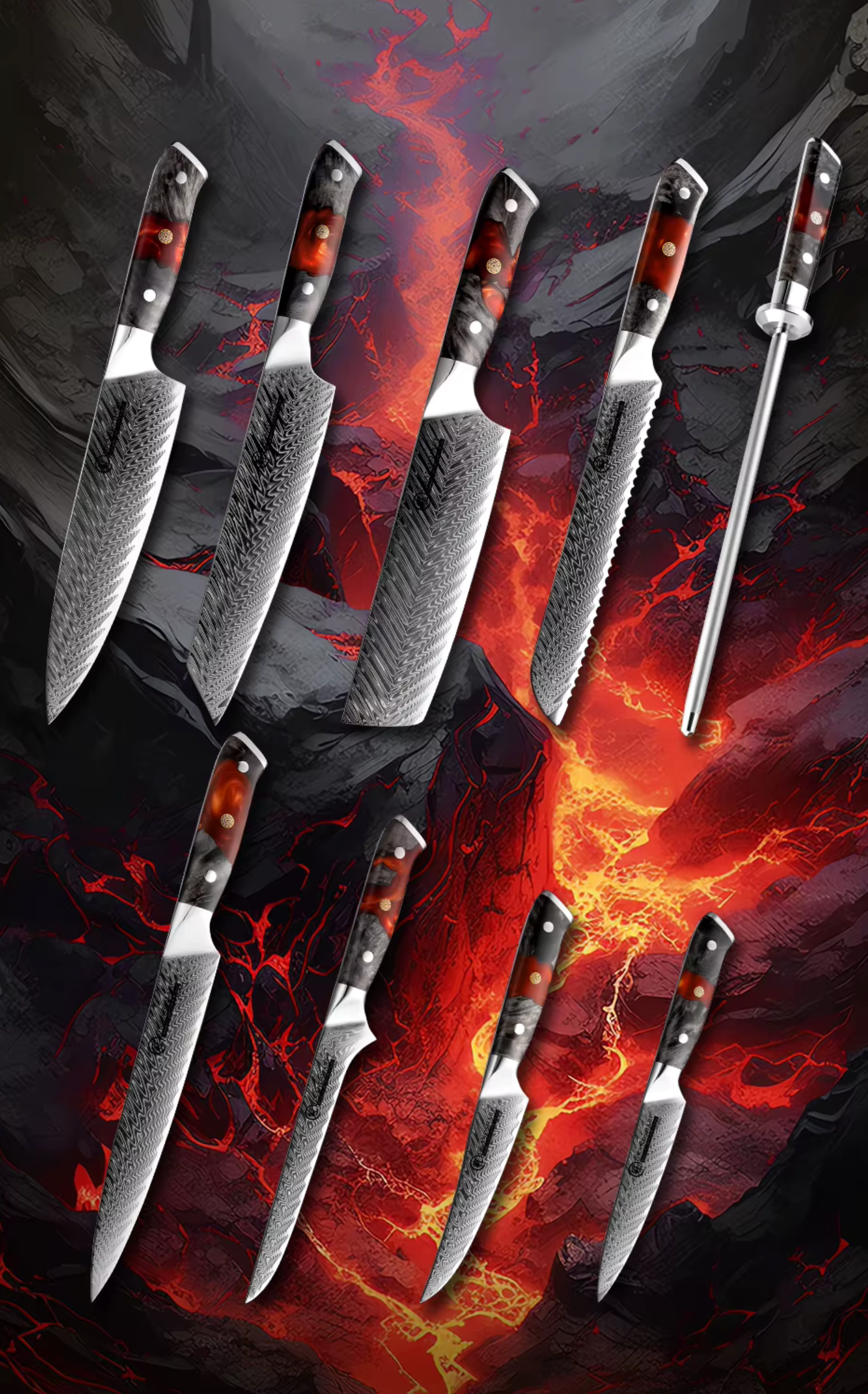 Kurogane Damascus kitchen knives set of 8 knives