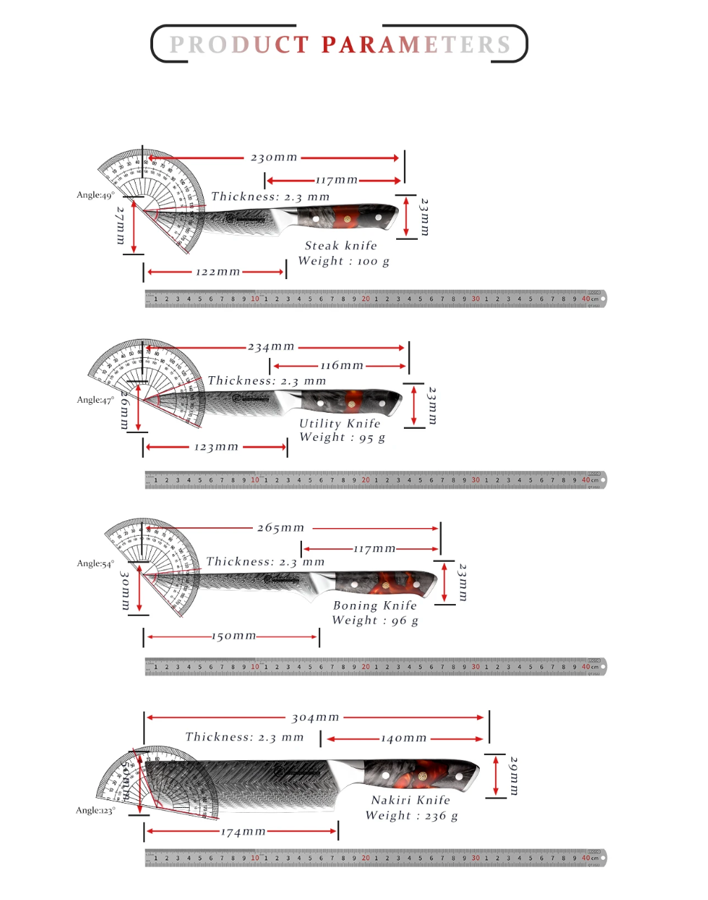 Kurogane Damascus kitchen knives set of 8 knives