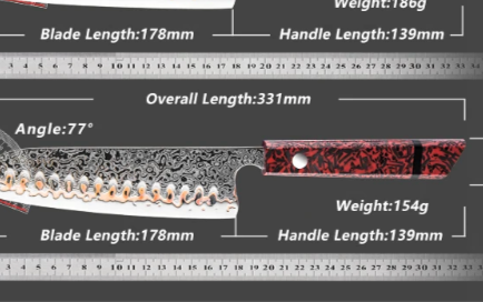 Set of knives with measurements on a gray background