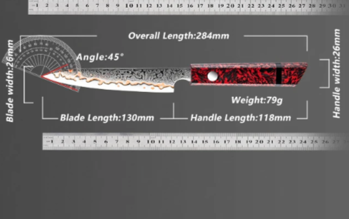 Set of knives with measurements on a gray background