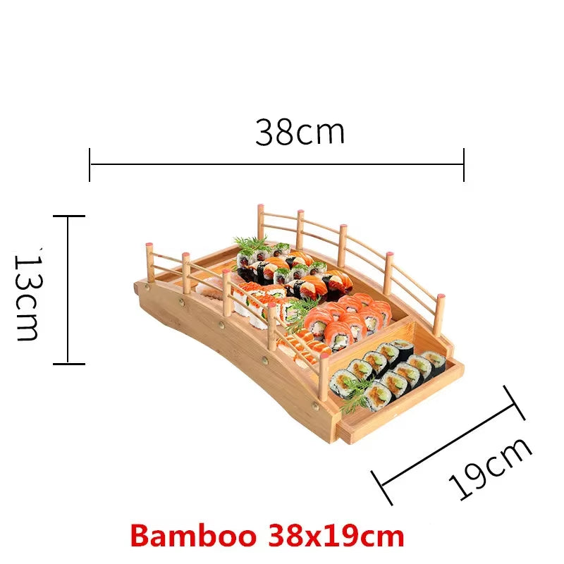 Japanese Wooden Wood Cuisine Sushi Bridge Boats Pine Creative Sushi Sashimi Plate Platter Sushi Tableware Decoration Ornament