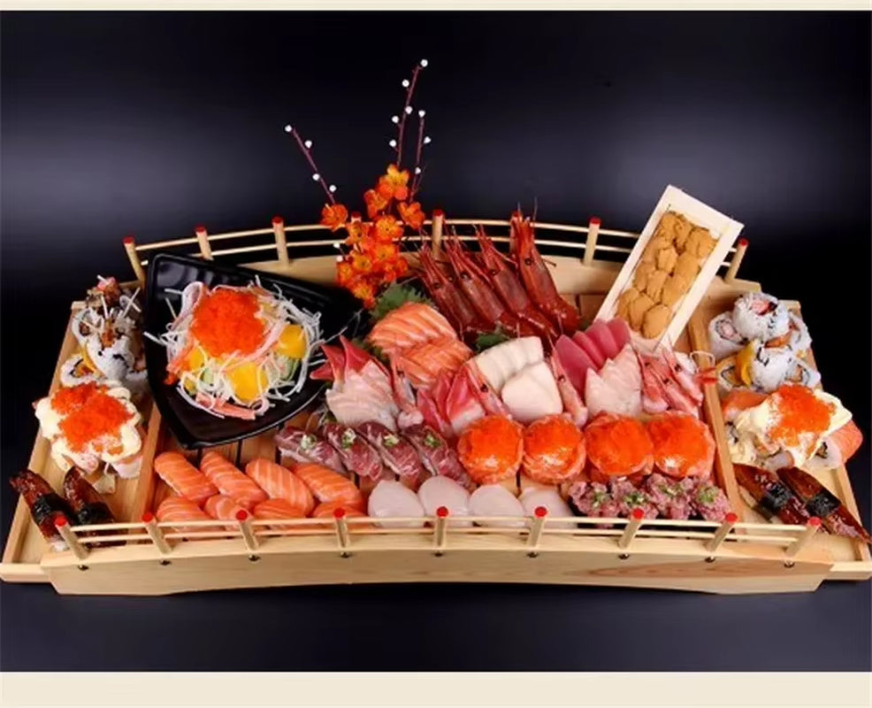 Japanese Wooden Wood Cuisine Sushi Bridge Boats Pine Creative Sushi Sashimi Plate Platter Sushi Tableware Decoration Ornament