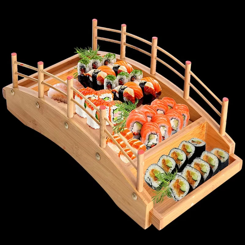 Japanese Wooden Wood Cuisine Sushi Bridge Boats Pine Creative Sushi Sashimi Plate Platter Sushi Tableware Decoration Ornament
