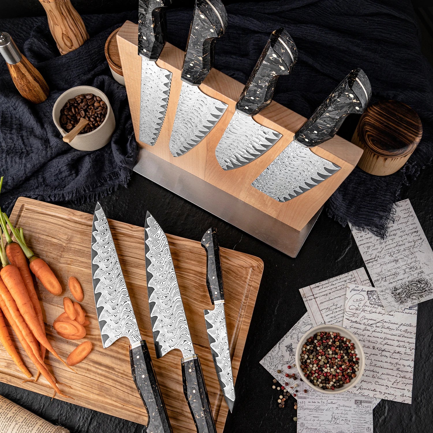 Kurogane Damascus Steel Kitchen Knife Series - Premium 7-Piece Professional Collection