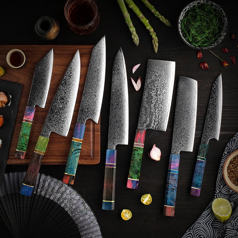 Hitoshi kitchen knives collection Damascus steel set of 6 kitchen knives