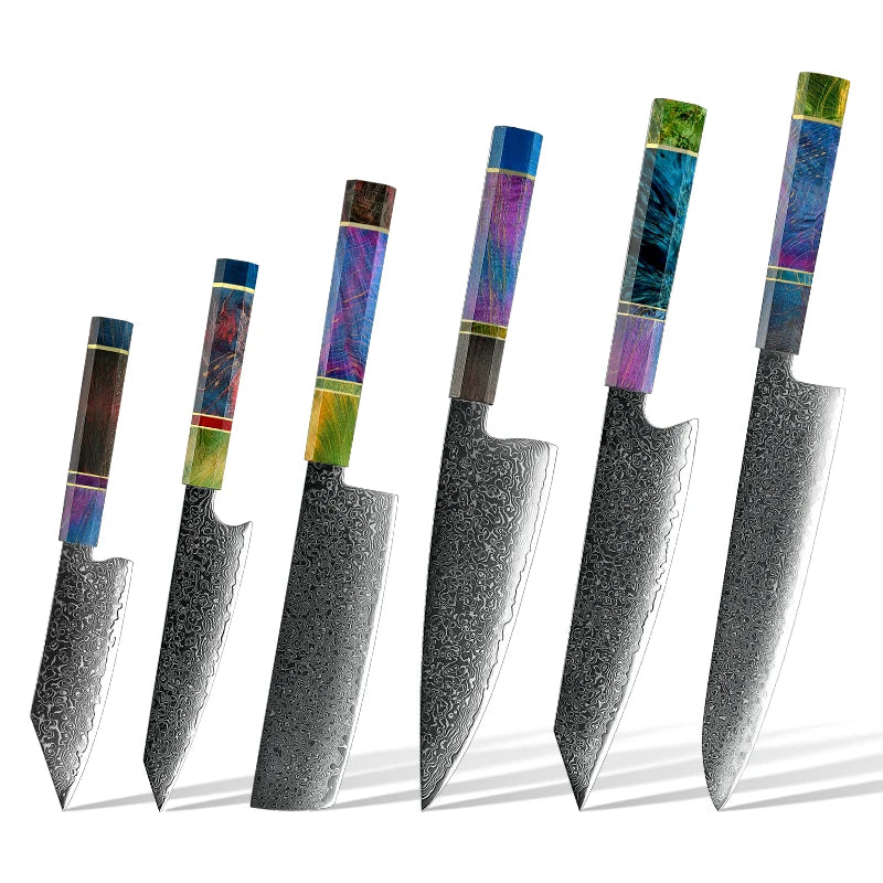 Hitoshi kitchen knives collection Damascus steel set of 6 kitchen knives