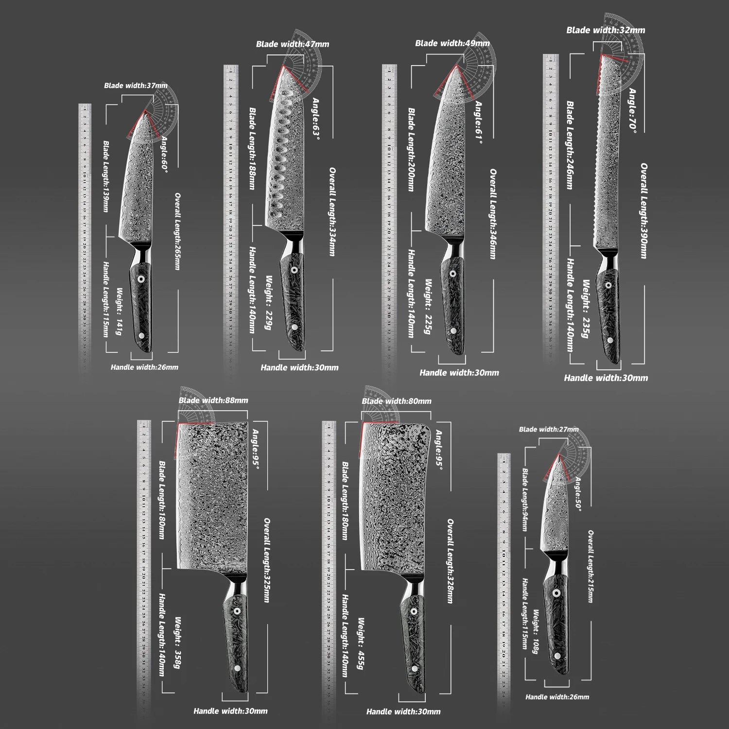 Ryuzen kitchen knife  Collection of 7 knives