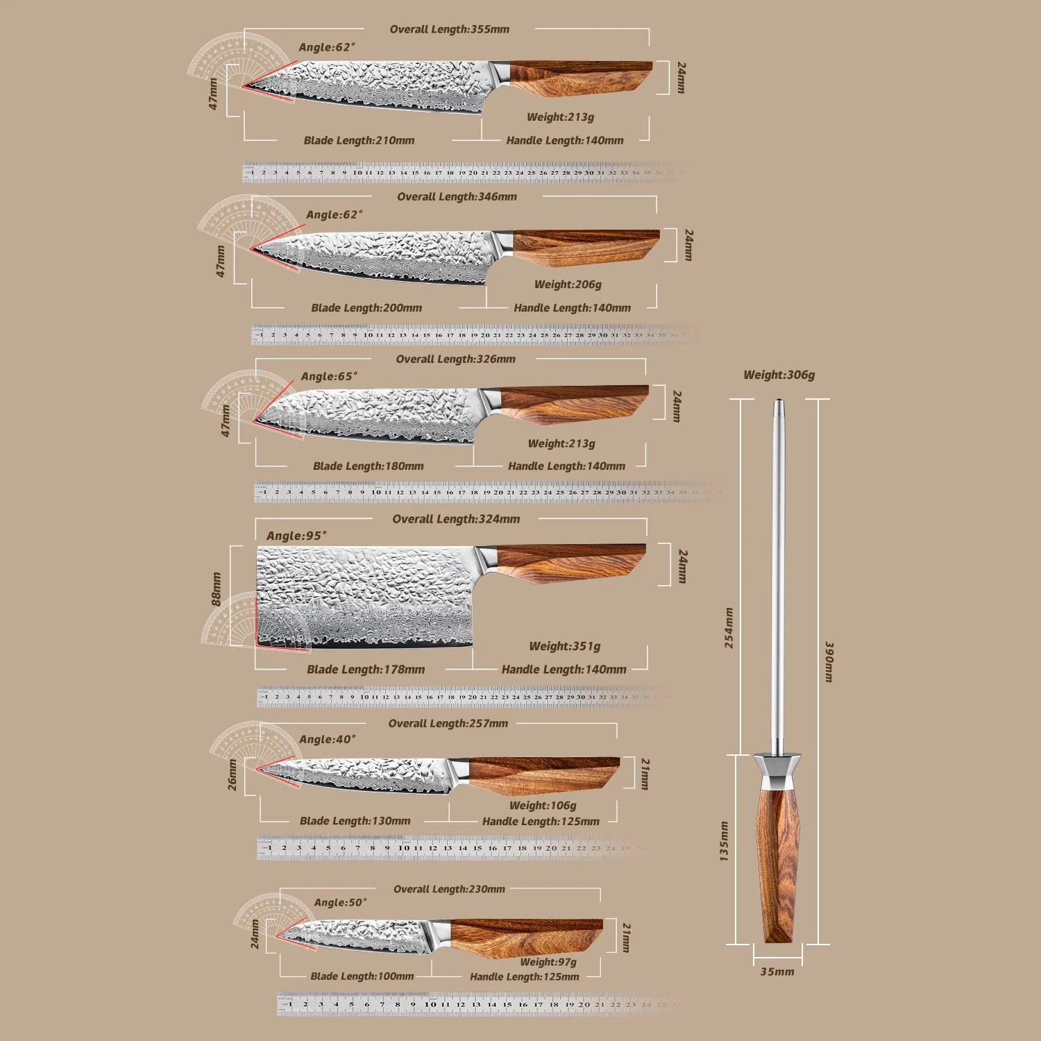 Pakka Damascus kitchen knives set of 7