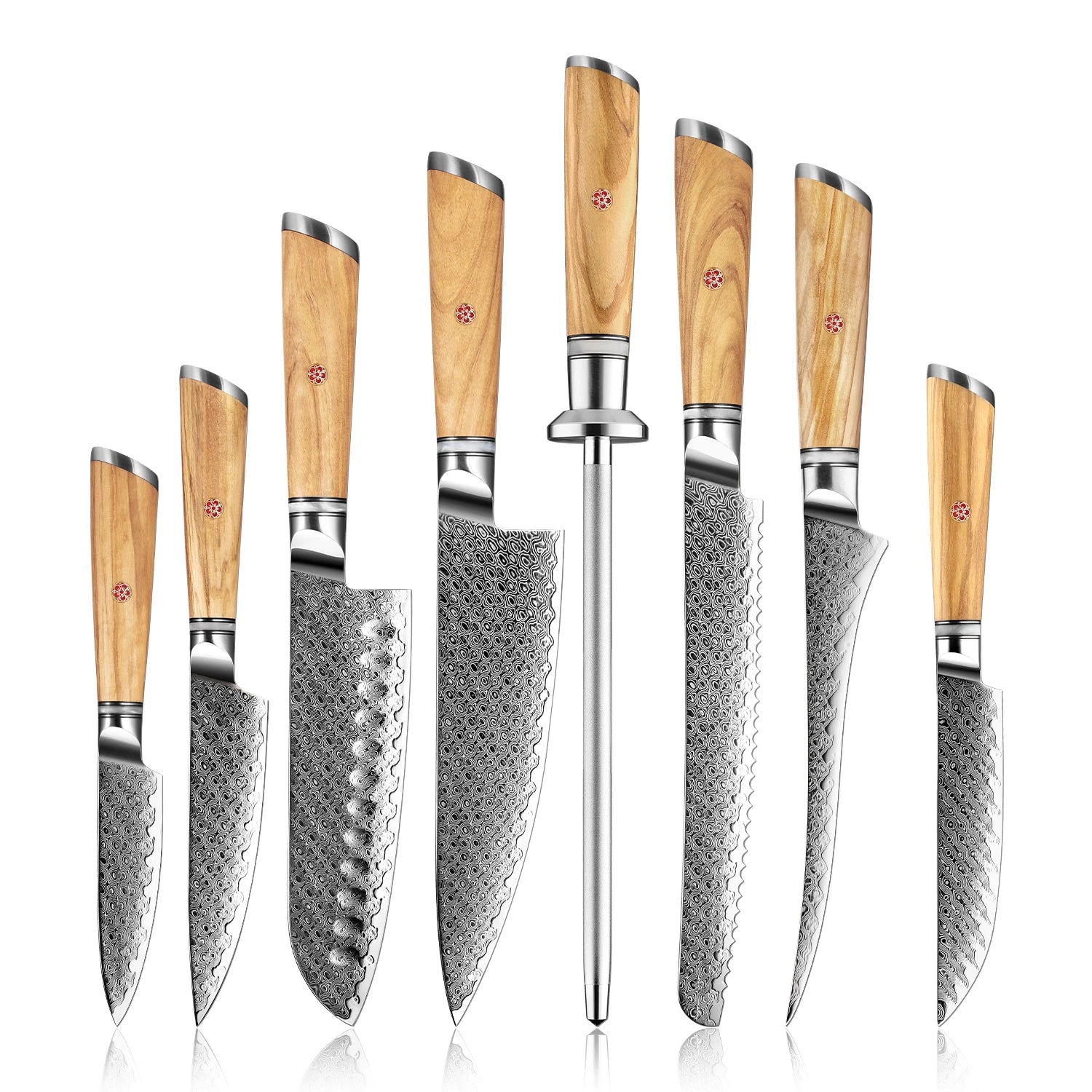 Kensei Kitchen Chef Knives with Knife Sharpener Set Olive Wood Handle