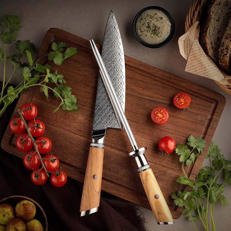 Kensei Kitchen Chef Knives with Knife Sharpener Set Olive Wood Handle