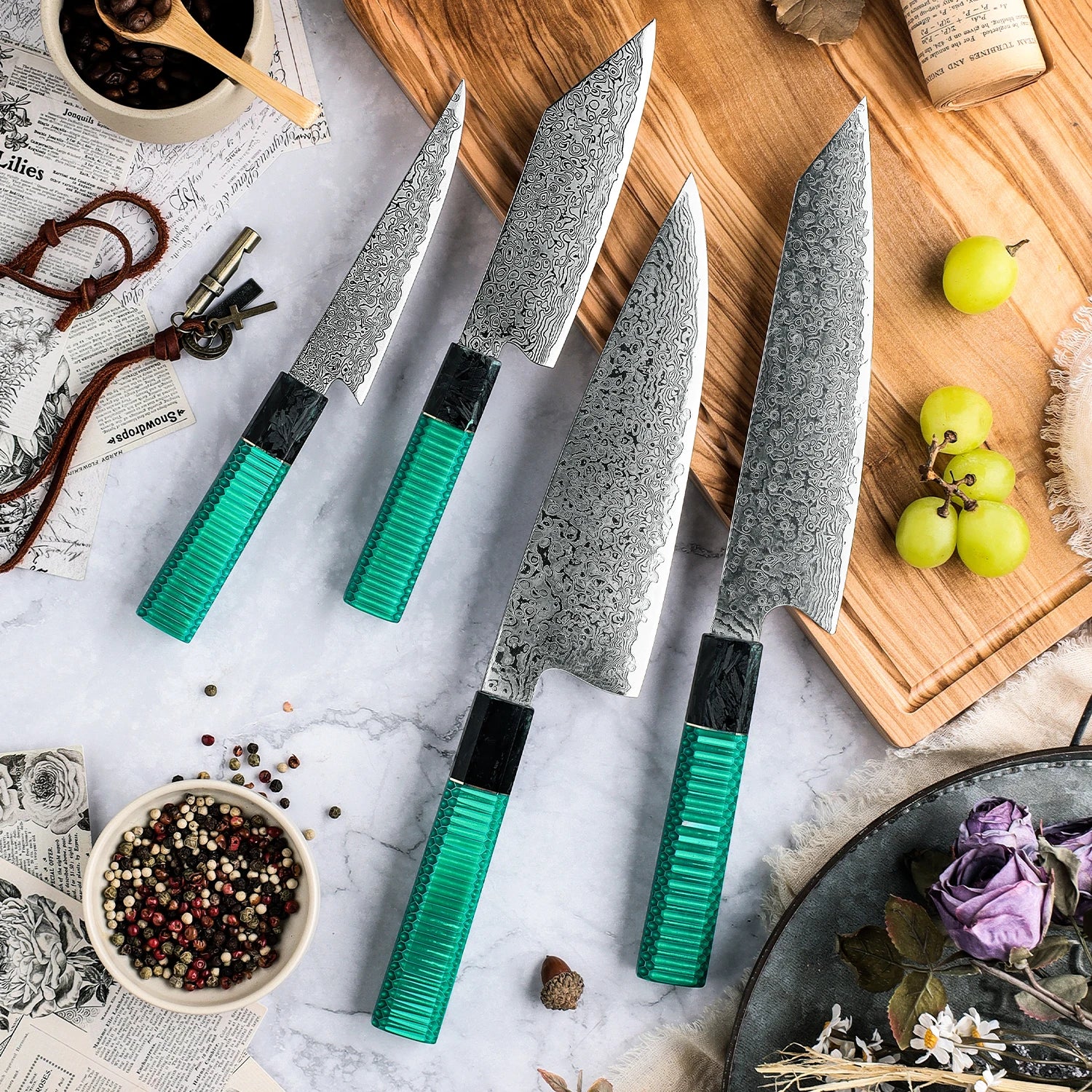 kiroshy Damascus 10cr15mov Steel Kitchen Knife Set with Resin & Aluminum Honeycomb Green Handle