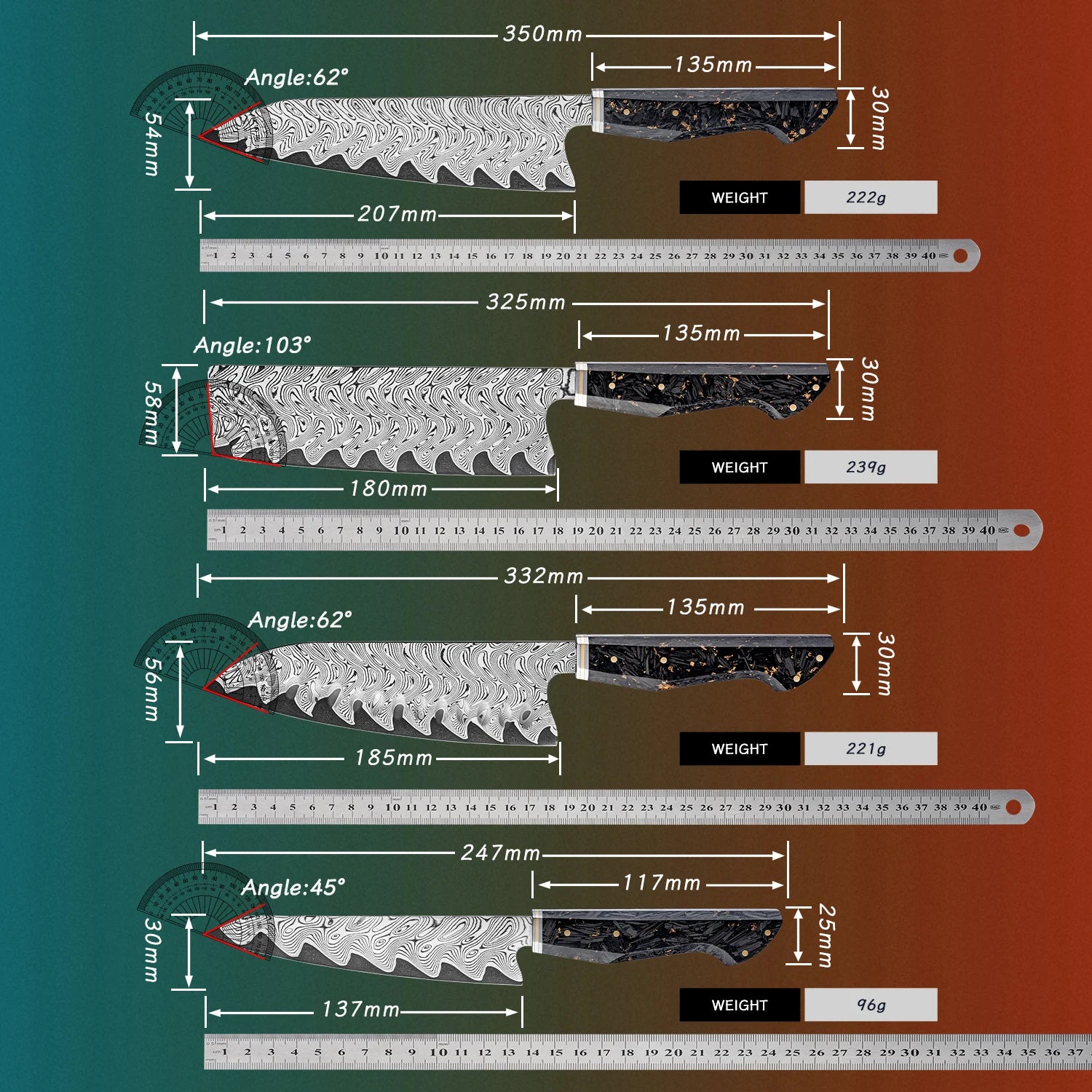 Kurogane Damascus Steel Kitchen Knife Series - Premium 7-Piece Professional Collection