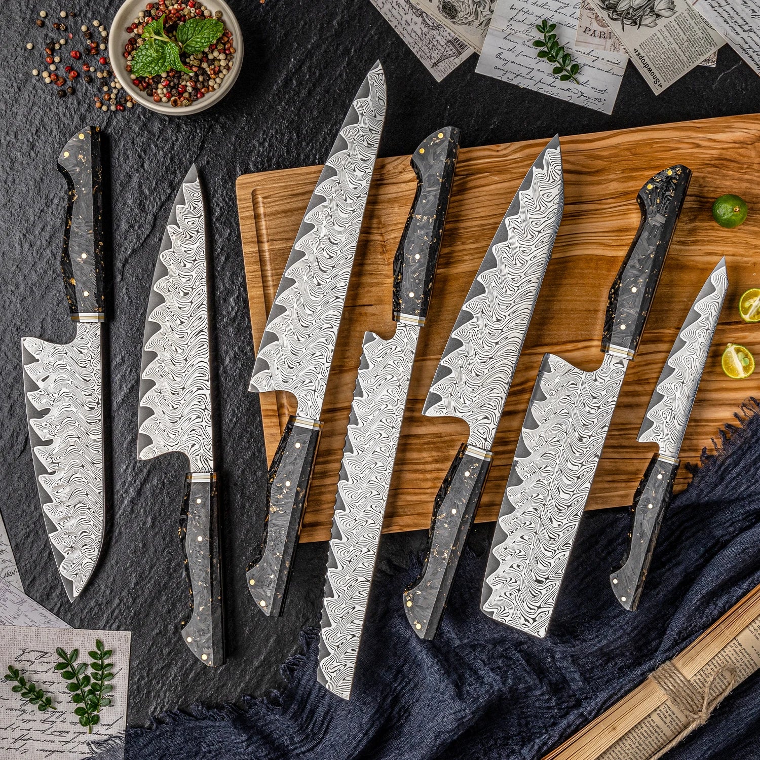 Kurogane Damascus Steel Kitchen Knife Series - Premium 7-Piece Professional Collection