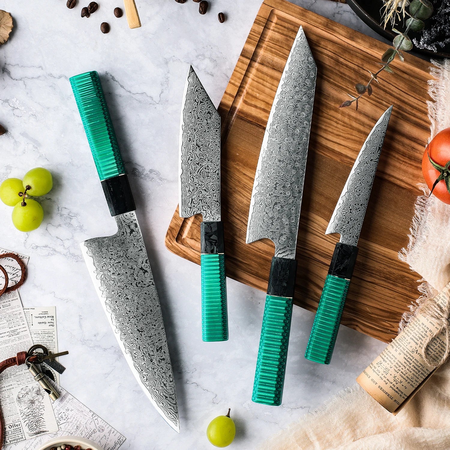 kiroshy Damascus 10cr15mov Steel Kitchen Knife Set with Resin & Aluminum Honeycomb Green Handle