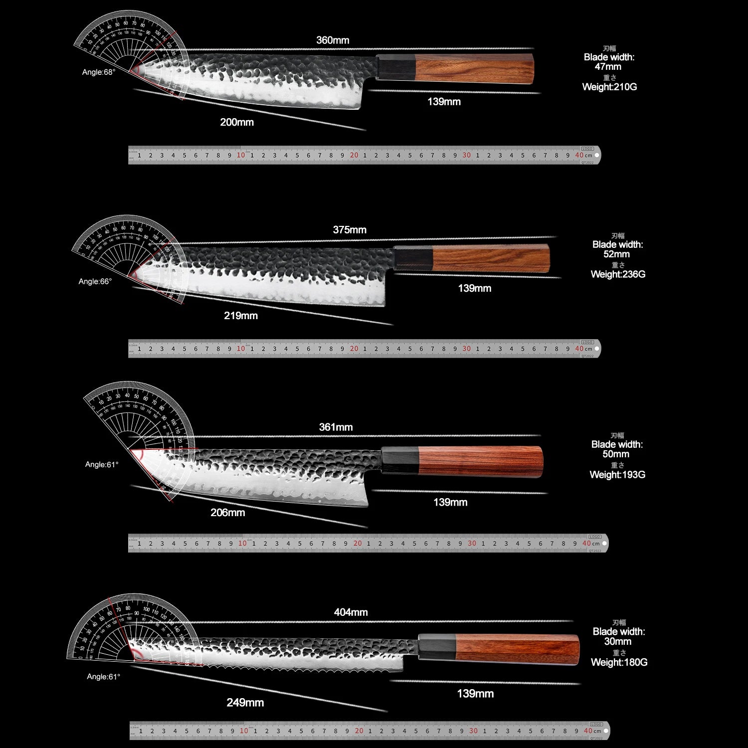 Takumi Seishin Hammered Damascus kitchen knives with Mkuruti Wood Handle