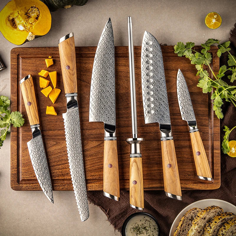 Kensei Kitchen Chef Knives with Knife Sharpener Set Olive Wood Handle