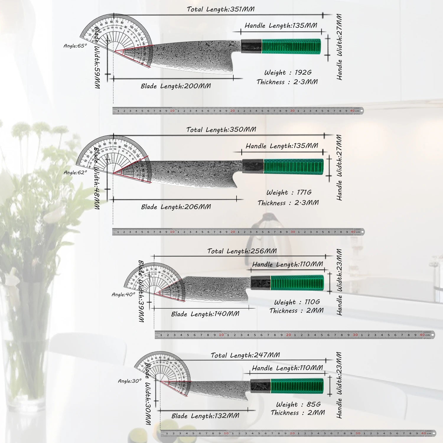 kiroshy Damascus 10cr15mov Steel Kitchen Knife Set with Resin & Aluminum Honeycomb Green Handle