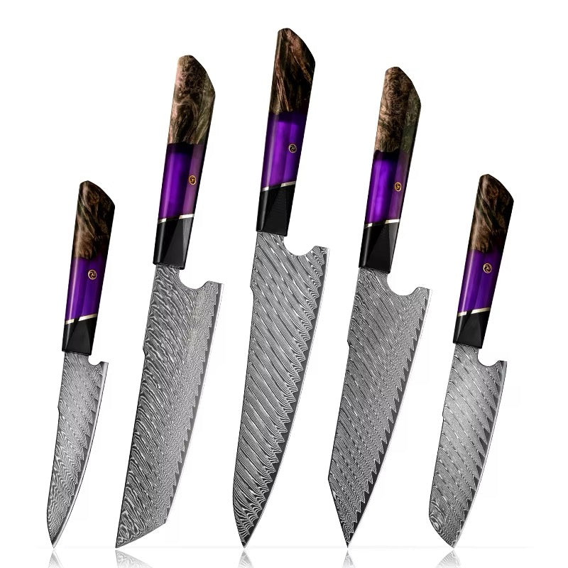 Hurakani Damascus Steel Knife Set 5 Piece | Wood Resin Handle Kitchen Knives