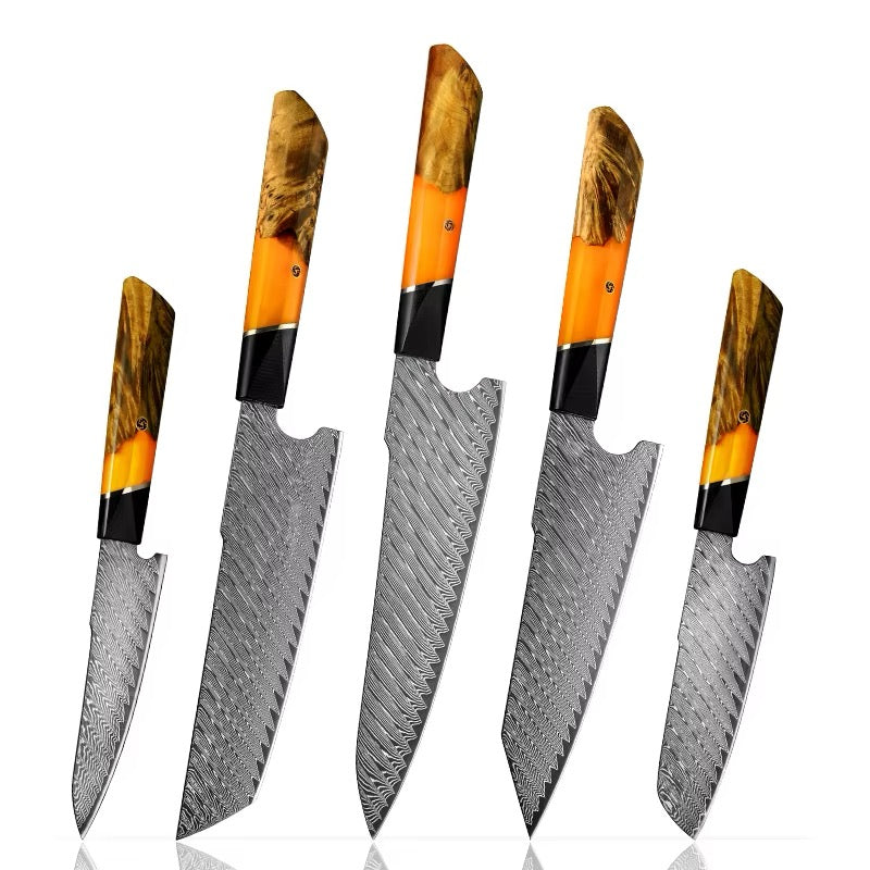 Hurakani Damascus Steel Knife Set 5 Piece | Wood Resin Handle Kitchen Knives
