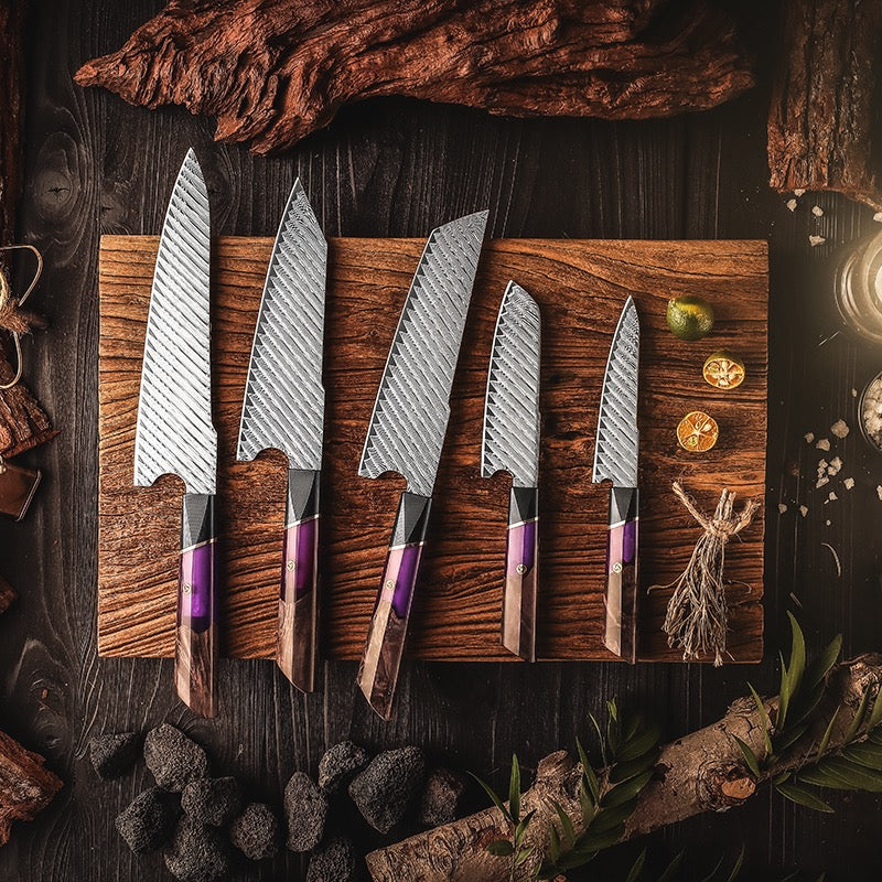 Hurakani Damascus Steel Knife Set 5 Piece | Wood Resin Handle Kitchen Knives