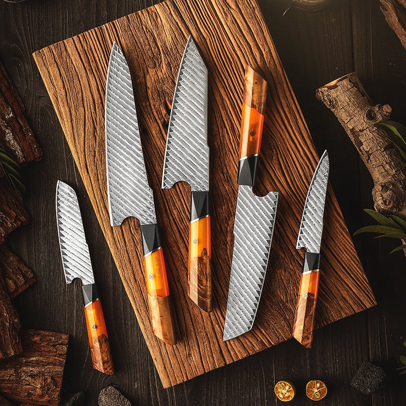 Hurakani Damascus Steel Knife Set 5 Piece | Wood Resin Handle Kitchen Knives