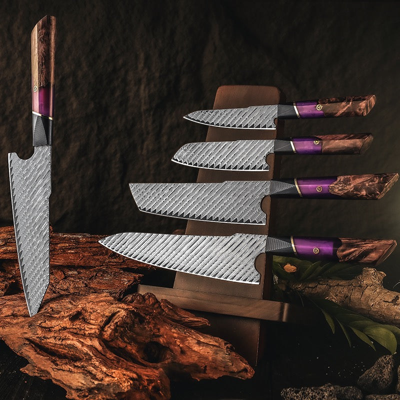 Hurakani Damascus Steel Knife Set 5 Piece | Wood Resin Handle Kitchen Knives