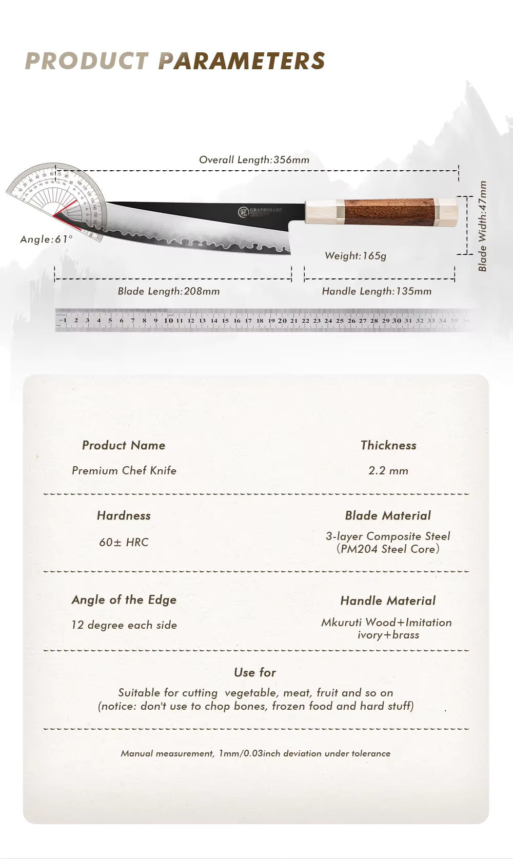 Inari Okami 208mm Chef Knife - High Carbon Steel Mirror Polish Japanese Kitchen Knife