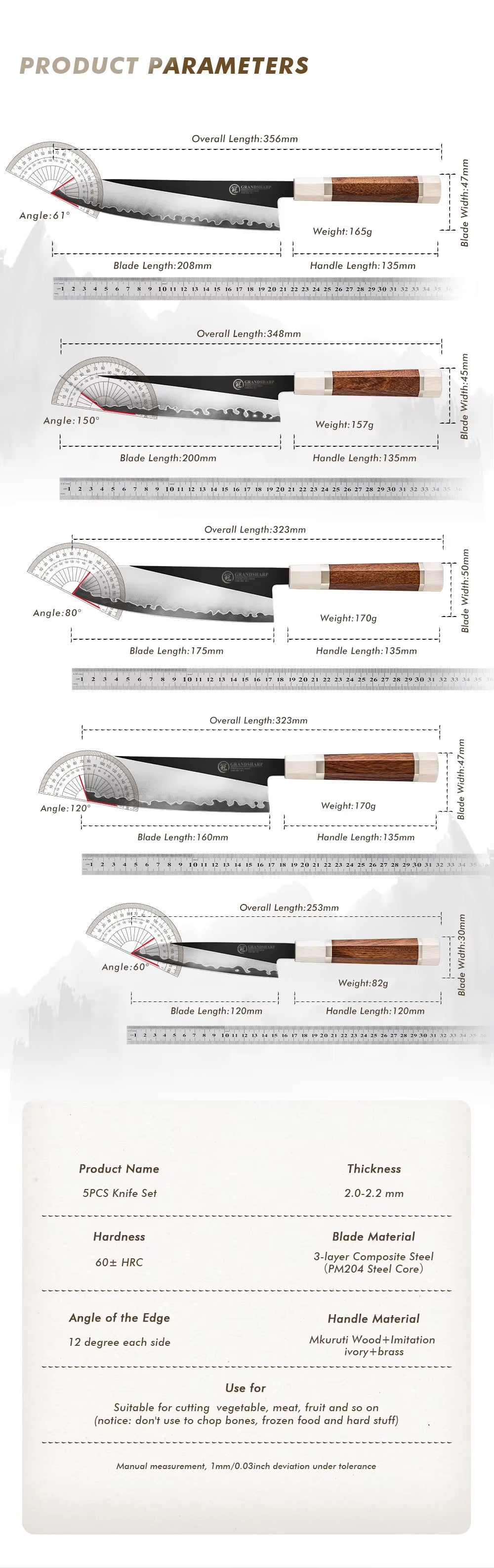 Inari Okami Professional Chef Knife Set - 5-Piece High mirror polish Steel Kitchen Knife Collection