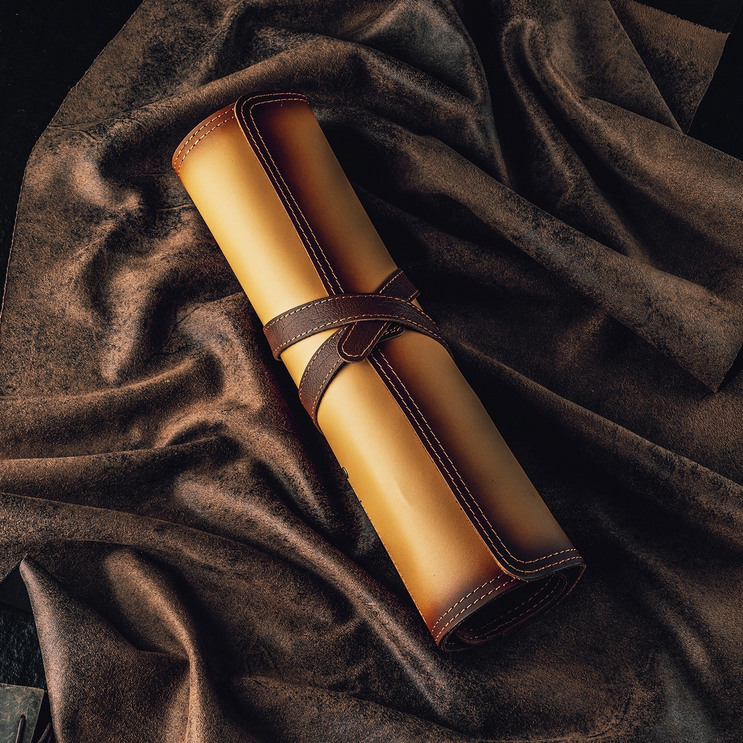Premium Leather Knife Roll Bag - 5-Slot Chef Knife Storage Case in Genuine Brown Cowhide