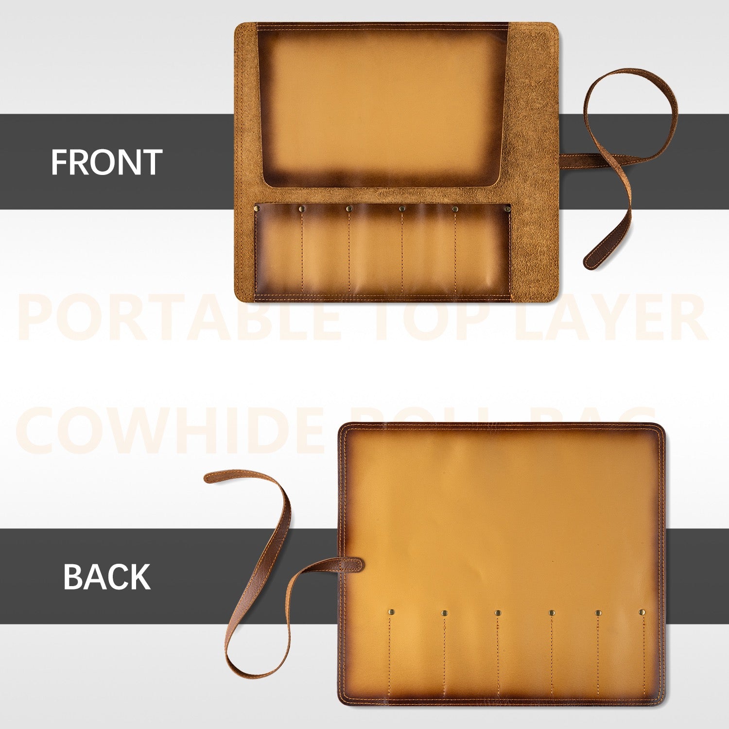 Premium Leather Knife Roll Bag - 5-Slot Chef Knife Storage Case in Genuine Brown Cowhide