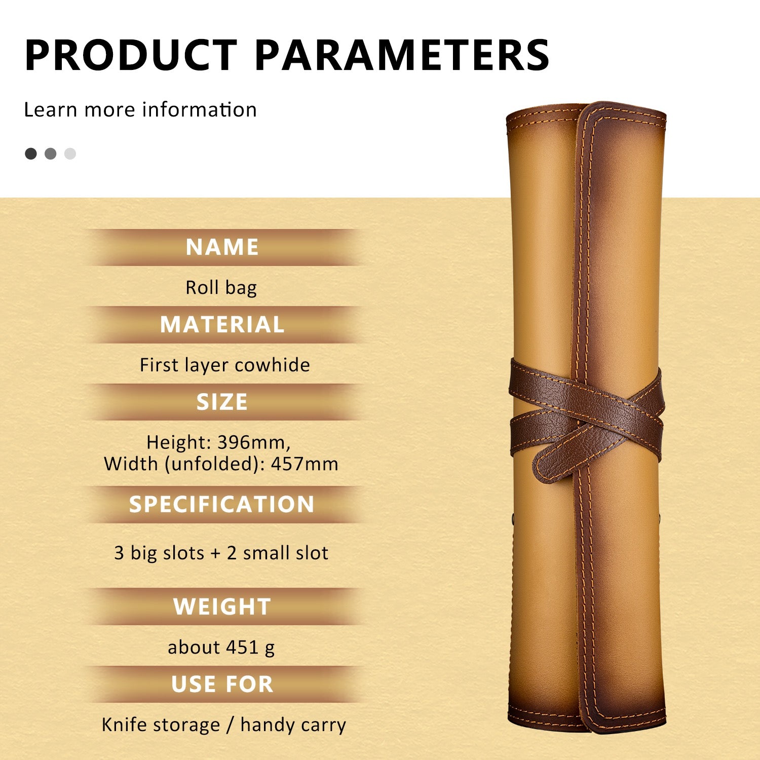 Premium Leather Knife Roll Bag - 5-Slot Chef Knife Storage Case in Genuine Brown Cowhide