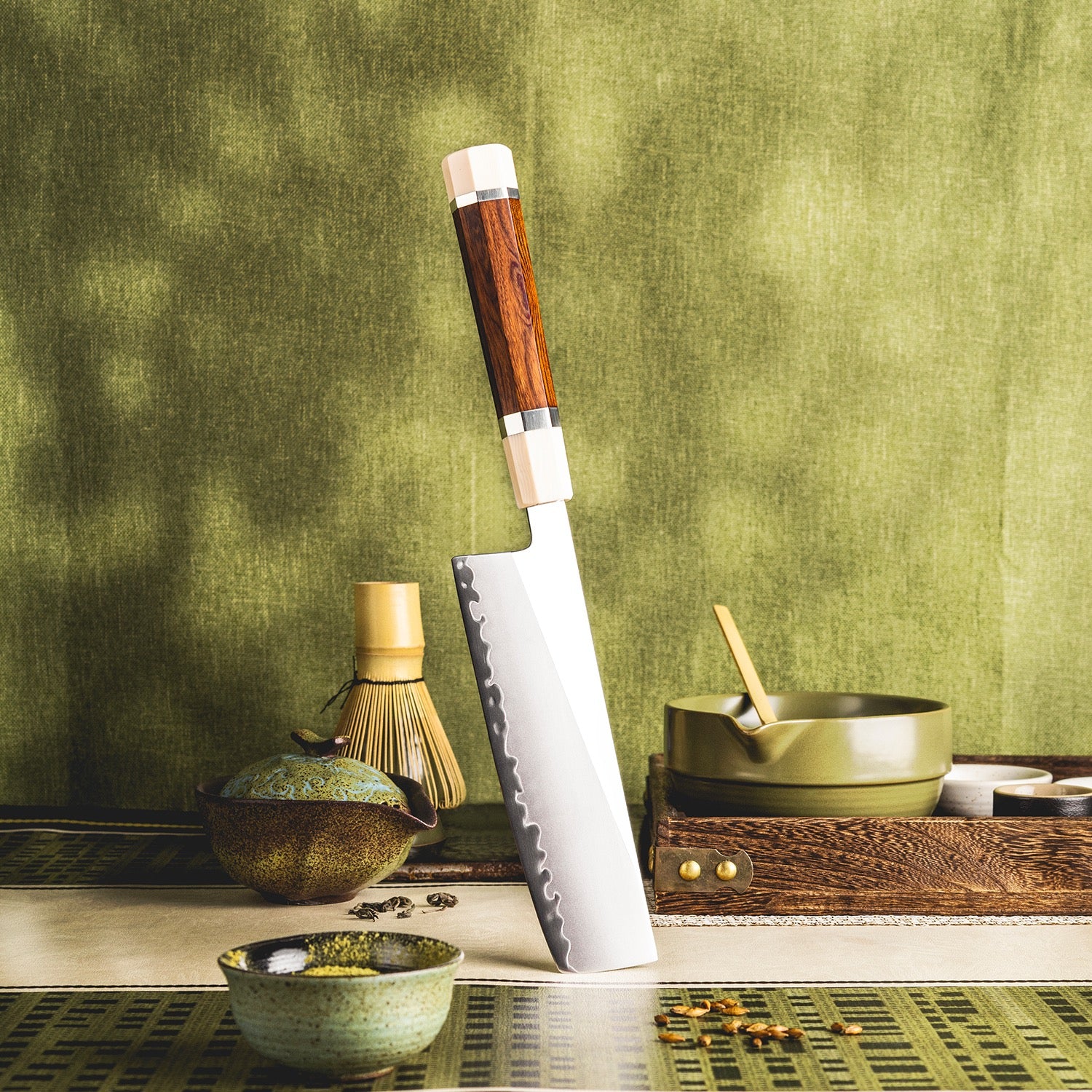 Inari Okami Nakiri 165mm High-Carbon Steel Vegetable Knife - Mirror Polish with Mkuruti Wood Handle