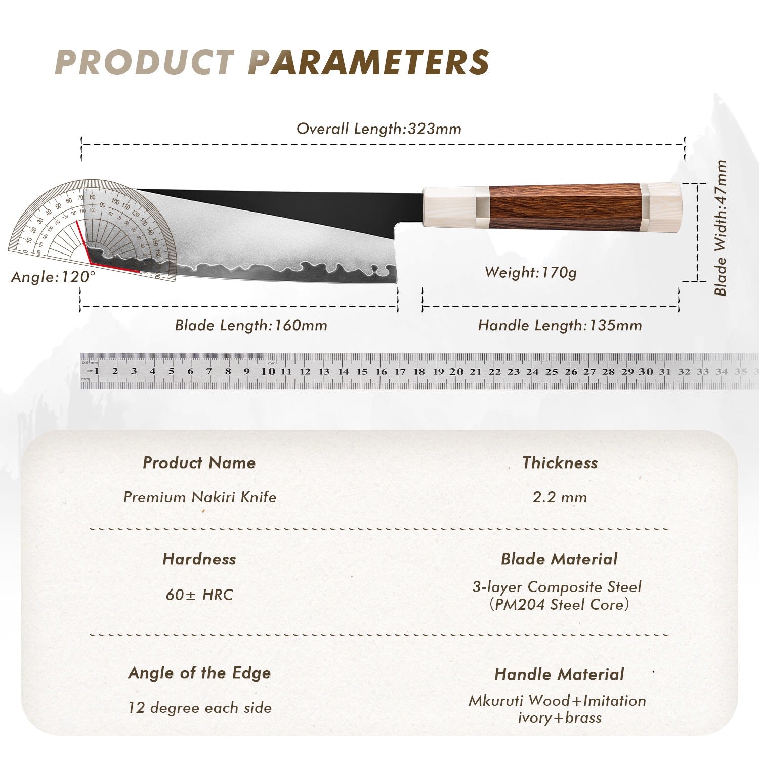 Inari Okami Nakiri 165mm High-Carbon Steel Vegetable Knife - Mirror Polish with Mkuruti Wood Handle