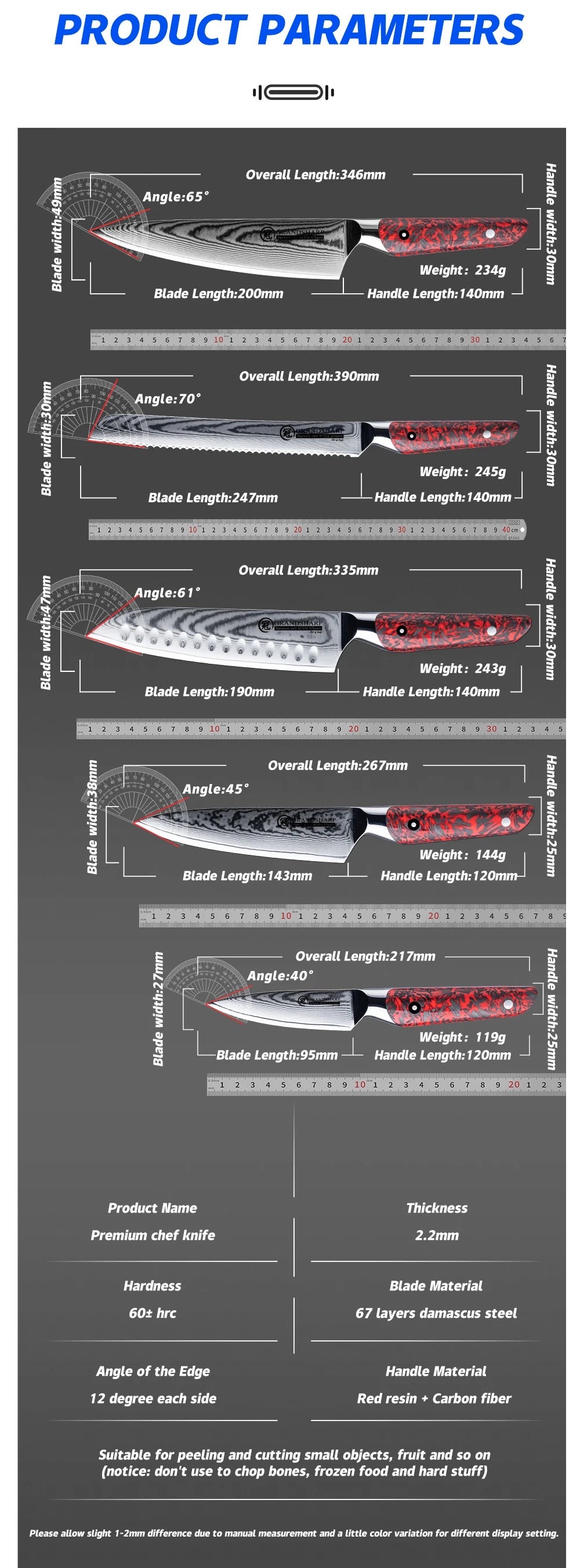 Kagero 2.0 Red Carbon Fiber Kitchen Knives - Damascus Steel Knife Set 5 Piece