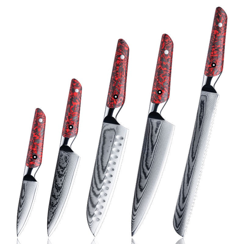 Set of five knives with red handles on a white background