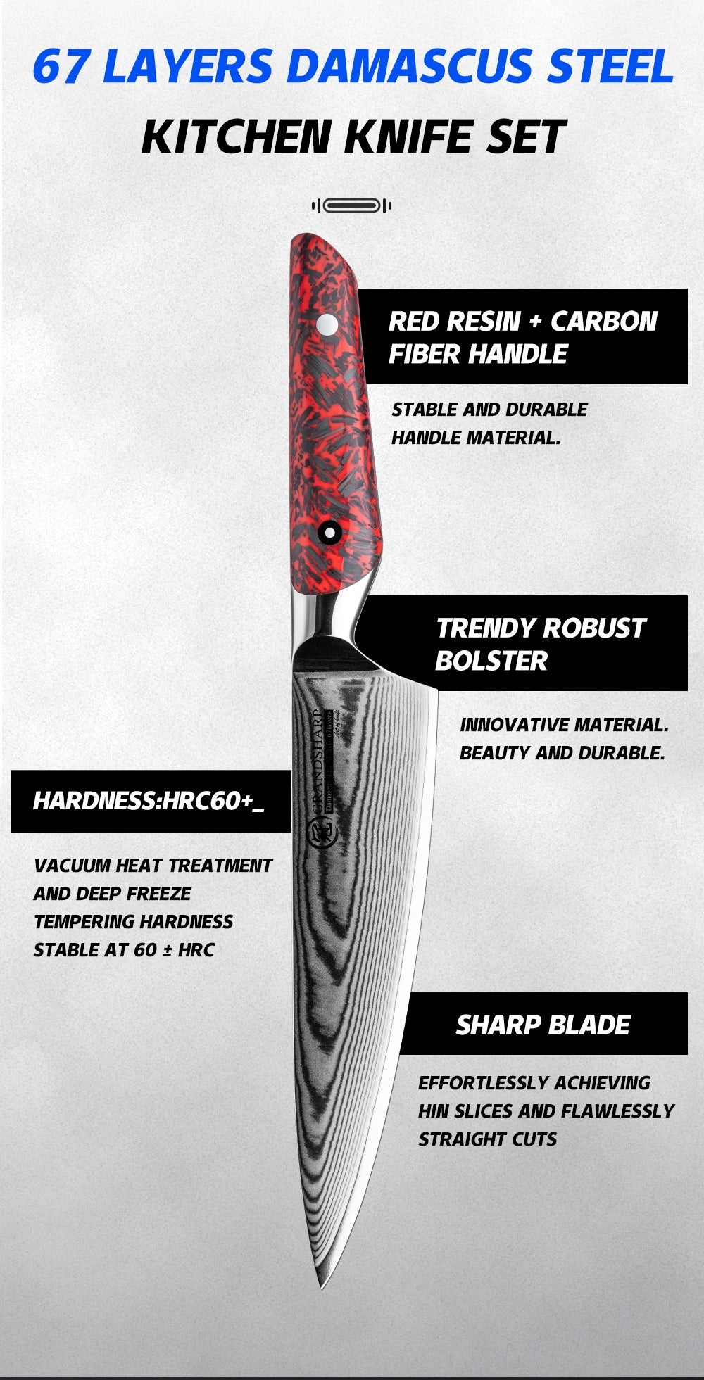 Kitchen knife set with red resin and carbon fiber handle on a white background