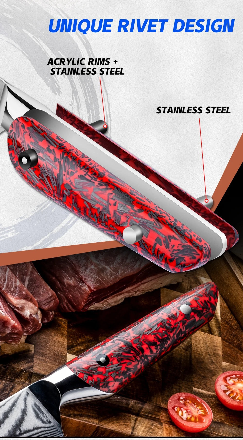 Knife with red and black patterned handle on a cutting board with tomatoes and meat.