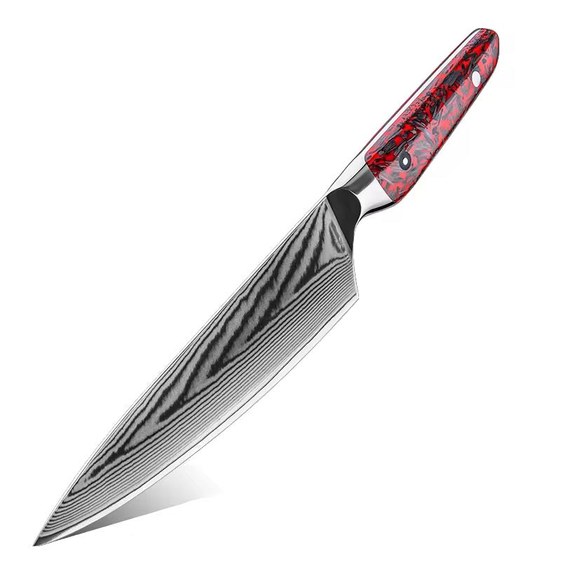 Chef's knife with a red and black handle on a white background