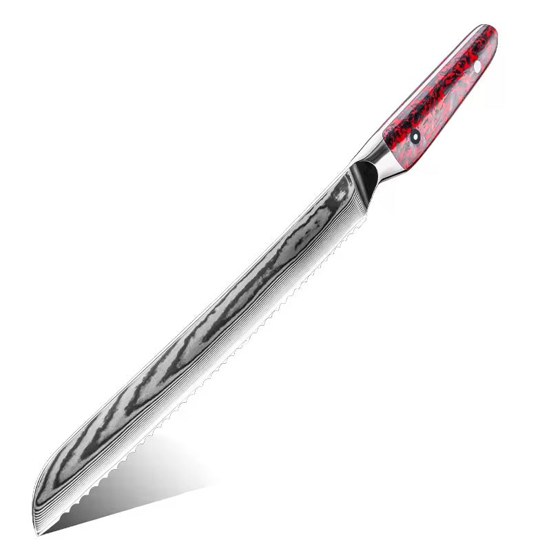 Serrated knife with a red and black handle on a white background