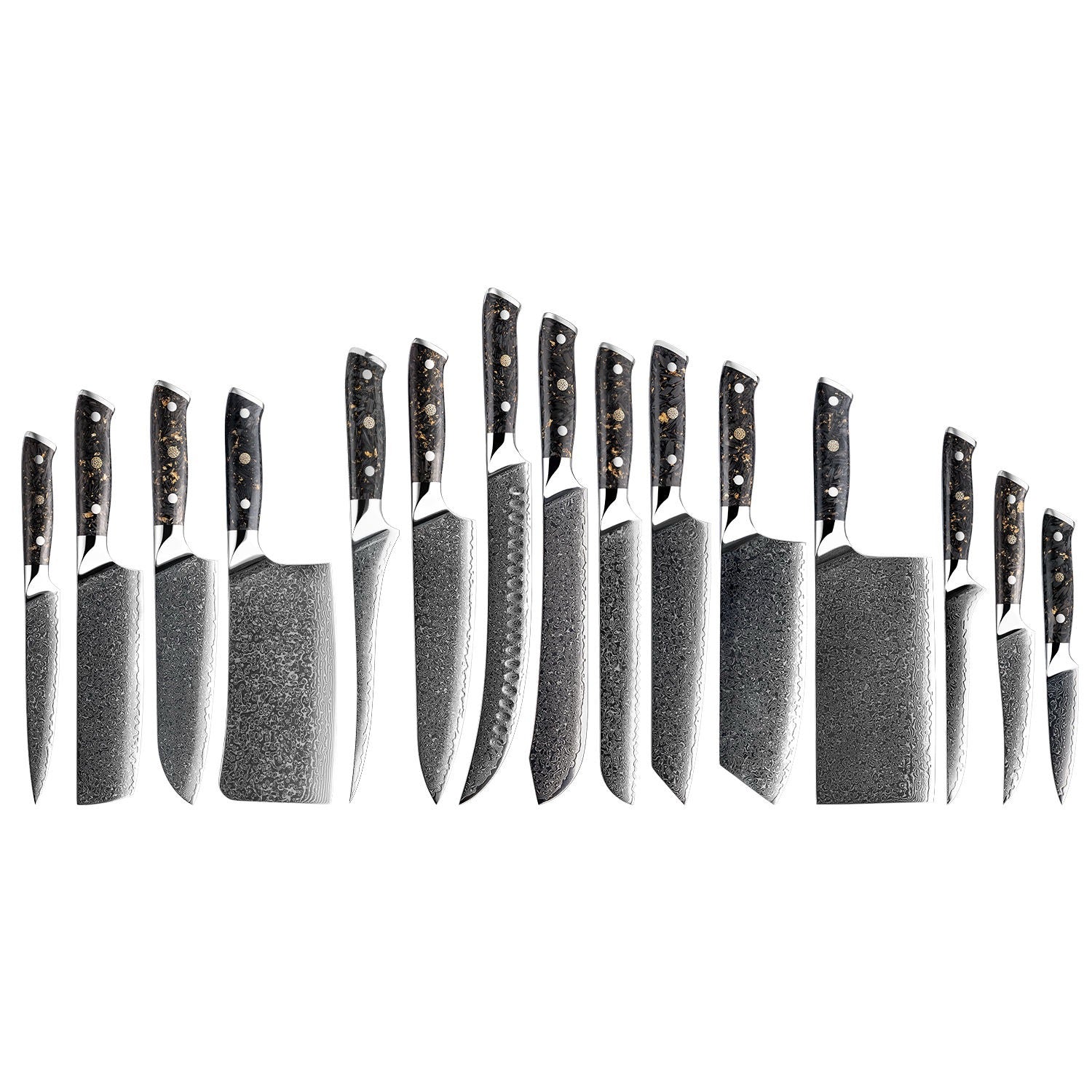 Set of 15 knives with black handles on a white background