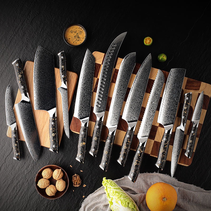 Set of knives on a wooden cutting board with ingredients on a dark surface