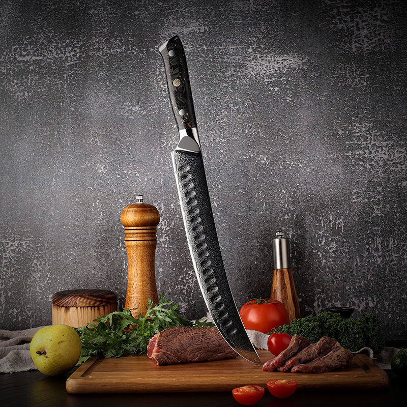Large knife on a wooden cutting board with vegetables and a pepper grinder against a dark background