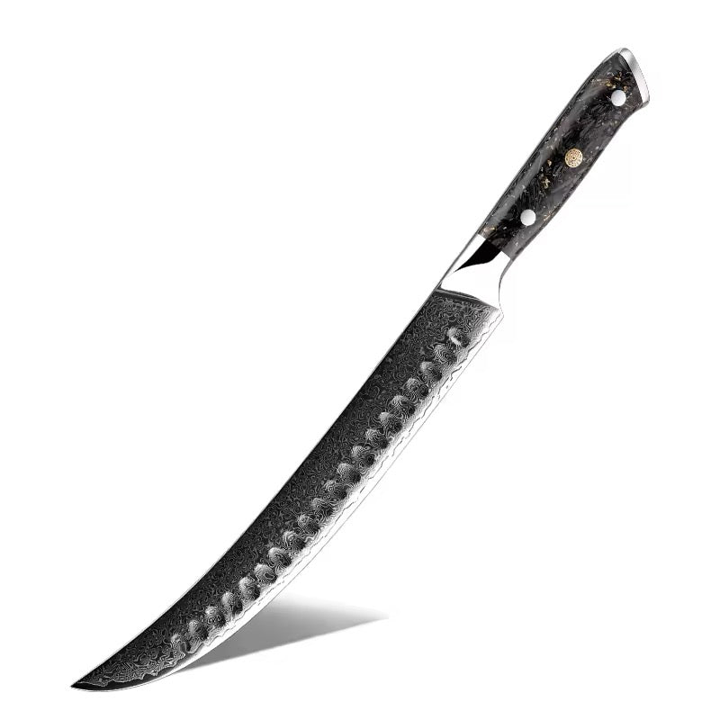Machete with a textured blade and wooden handle on a white background