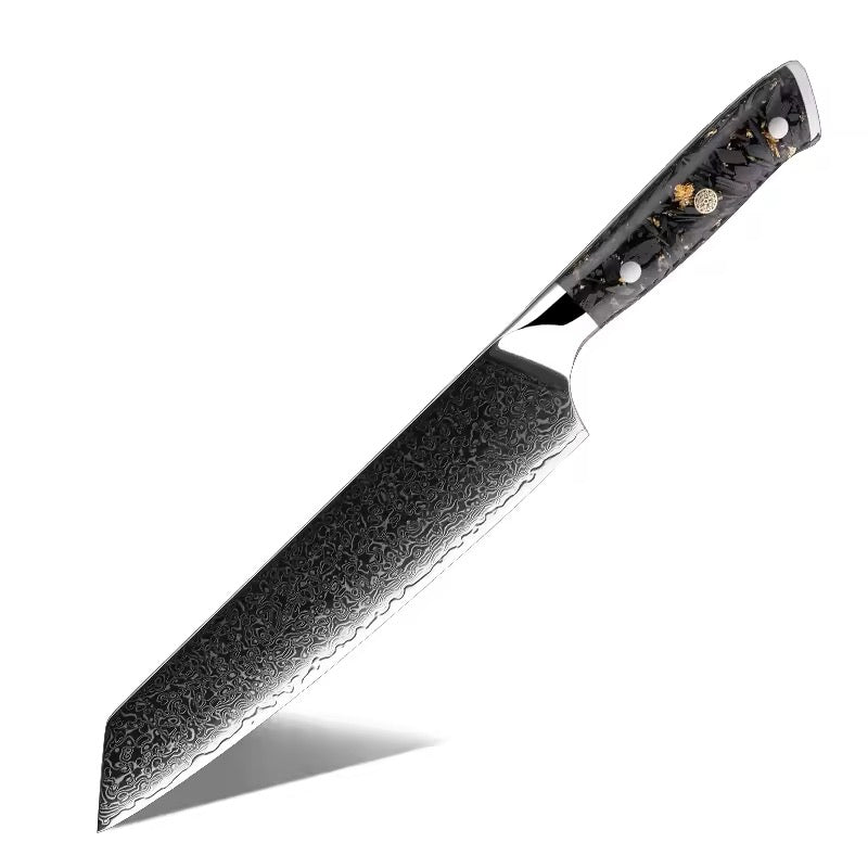 Decorative chef's knife with a black handle on a white background