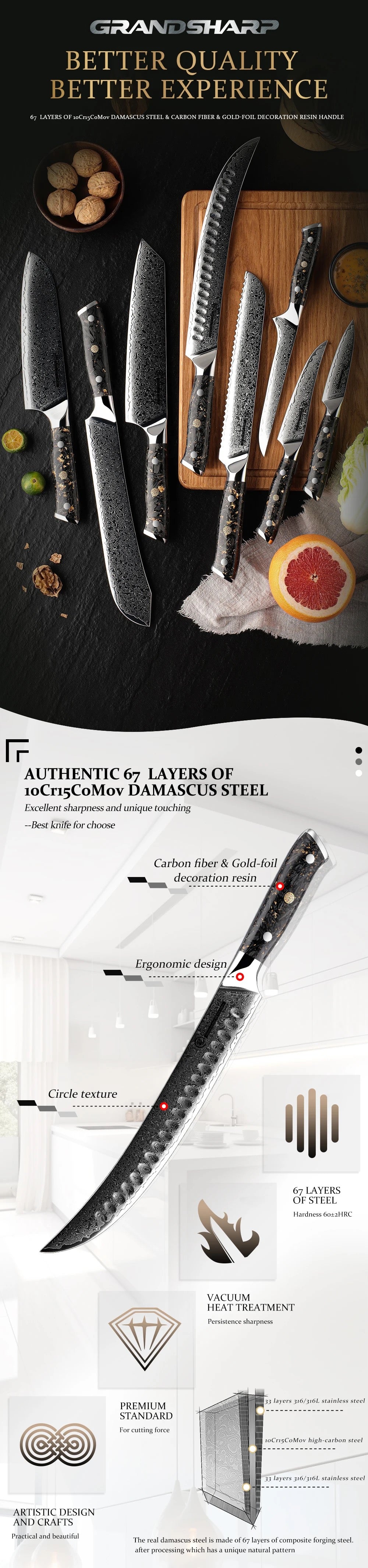 Damascus Steel Knife Set 15 Piece - Gold Blossom Black Carbon Fiber Kitchen Knives
