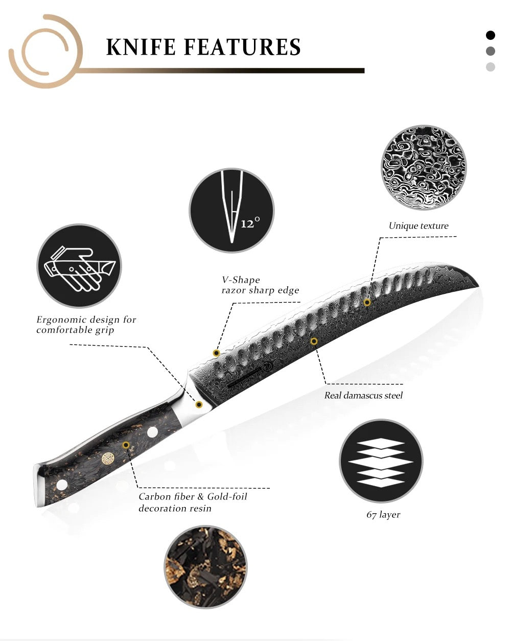 Damascus Steel Knife Set 15 Piece - Gold Blossom Black Carbon Fiber Kitchen Knives