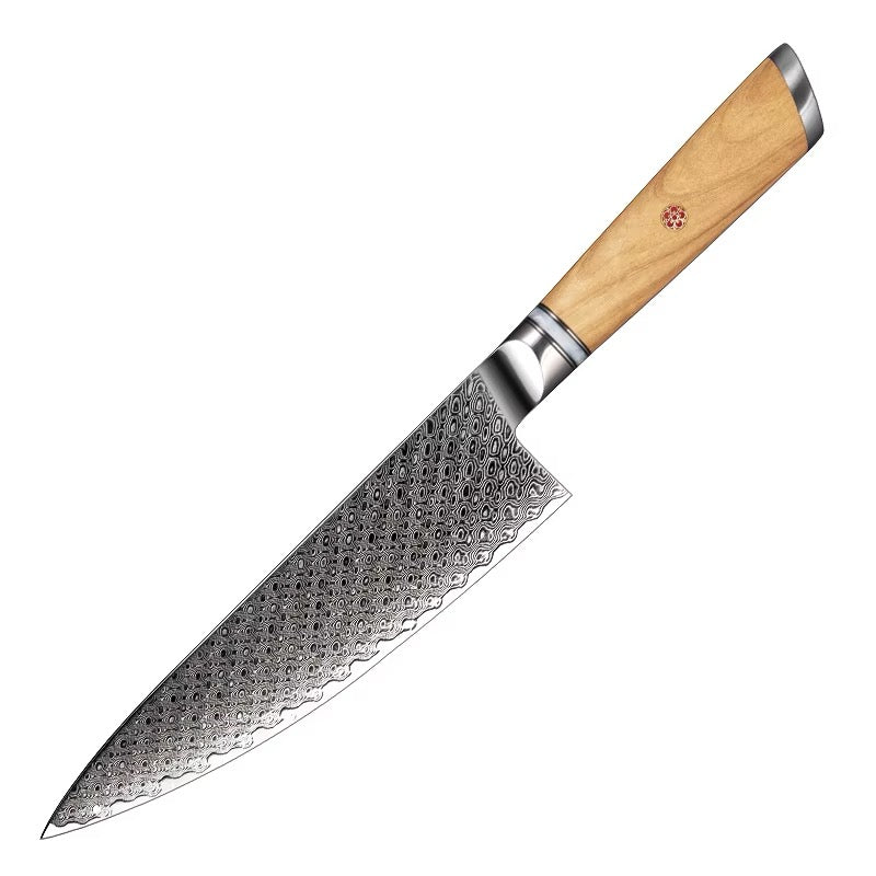 Kensei Damascus Steel Knife Set - 7 Piece Collection with Sharpener Rod & Olive Wood Handles