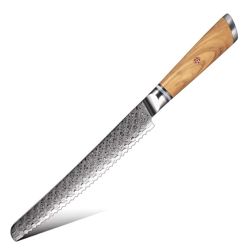 Kensei Damascus Steel Knife Set - 7 Piece Collection with Sharpener Rod & Olive Wood Handles